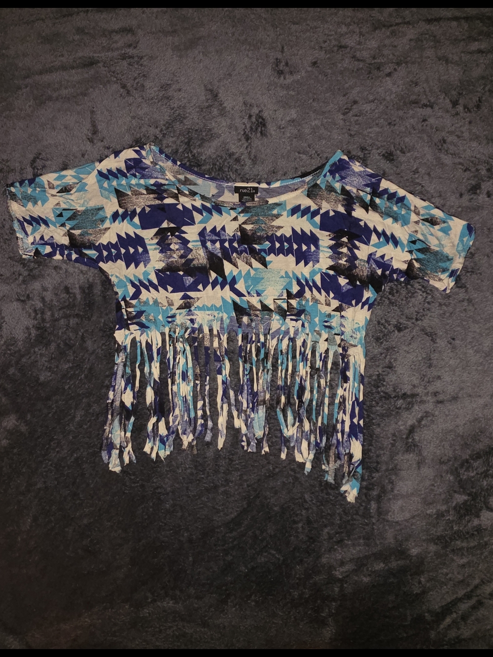 Rue21 Blue Geometric Fringe Cropped Top
